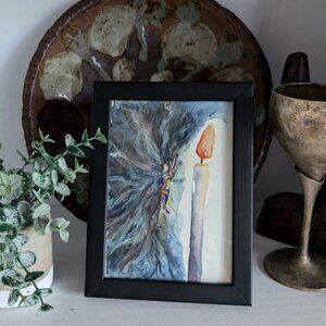"Fire Fancy" Original 5"x7" Framed Watercolor - Fairytale, Fire Fairy Smoke  Art